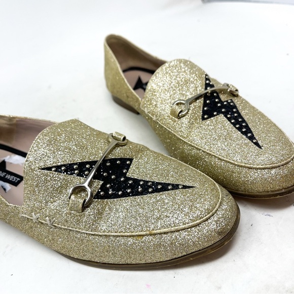 Nine West Wildgirls Tailored Loafers lightening bolt gold metallic glitter sz 10 - Picture 5 of 10